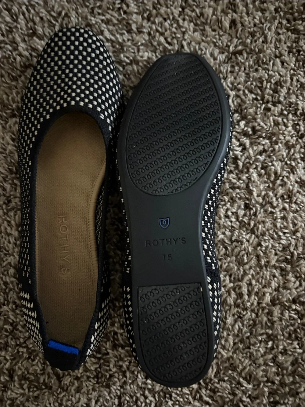 Rothy's Black & White Knit Ballet Flats with Blue Heel Tab
